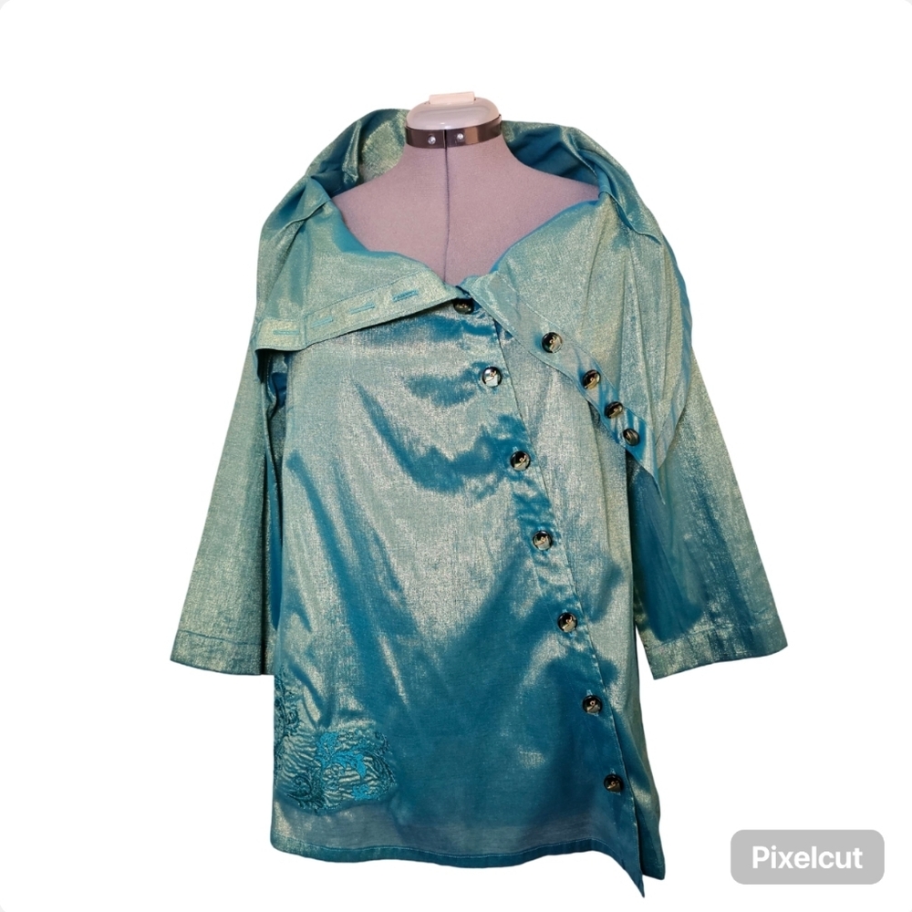 Custom handmade teal and gold metallic thread fabric tent buttoned blouse 12 US